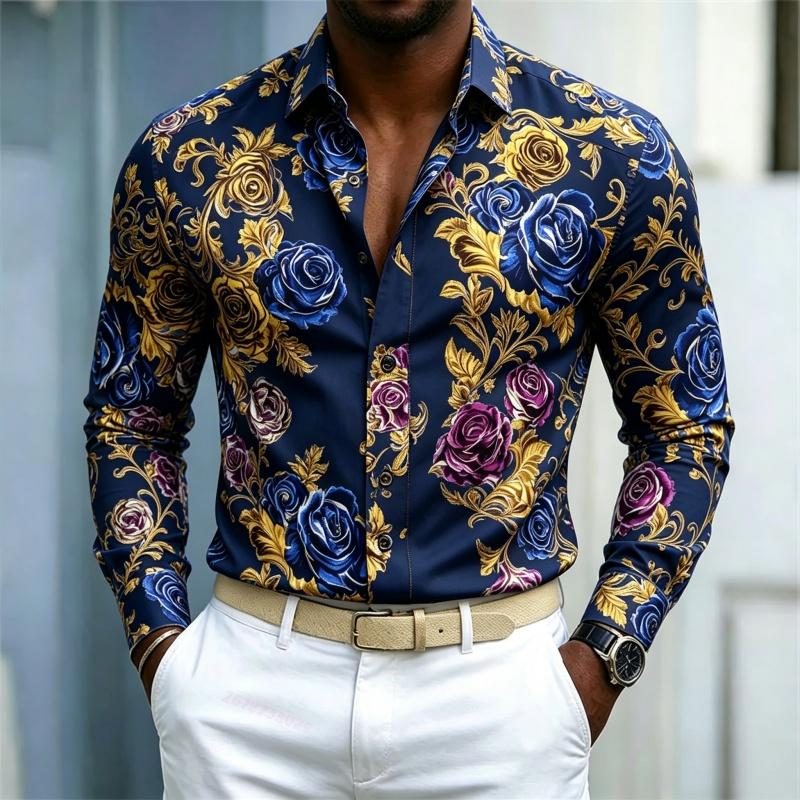 2026 Men's Shirt French Retro Blue Purple Gold Rose Flower Shirt White Background Pattern Slim Fit Long Sleeved Shirt XS-6XL