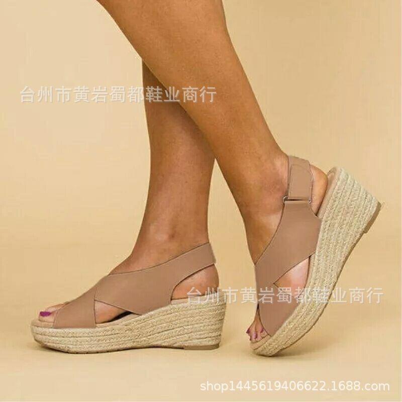Large size hollow hemp rope muffin thick-soled sandals women's straw buckle wedge heel fish mouth sandals