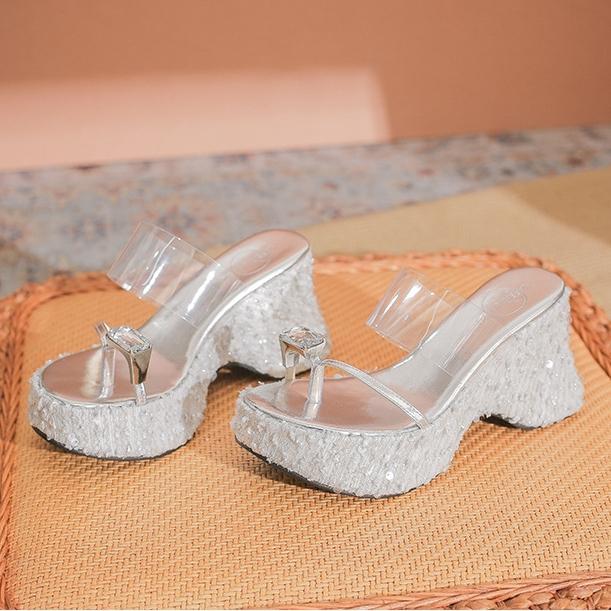 Flip Flops Damen Plateau Keilsandaletten Damen Sommer Draußen Neu Mittelhoch Absatz Strass Pailletten Fischgräten Sandalen