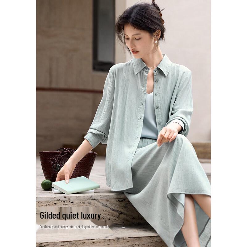 XWI Women s Textured Shirt & Skirt Two-Piece Set M мятный зеленый
