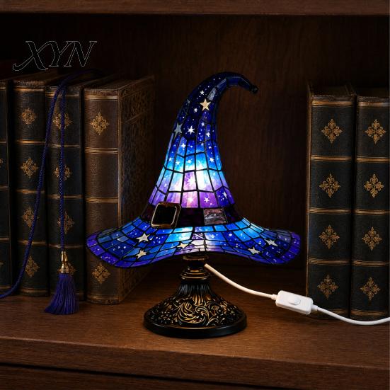Halloween Decoration Lamp Witch Hat Table Lamp, USB Powered LED Bedside Light, Resin Gothic Night Light for Bedroom, Living Room, Shelf Decor