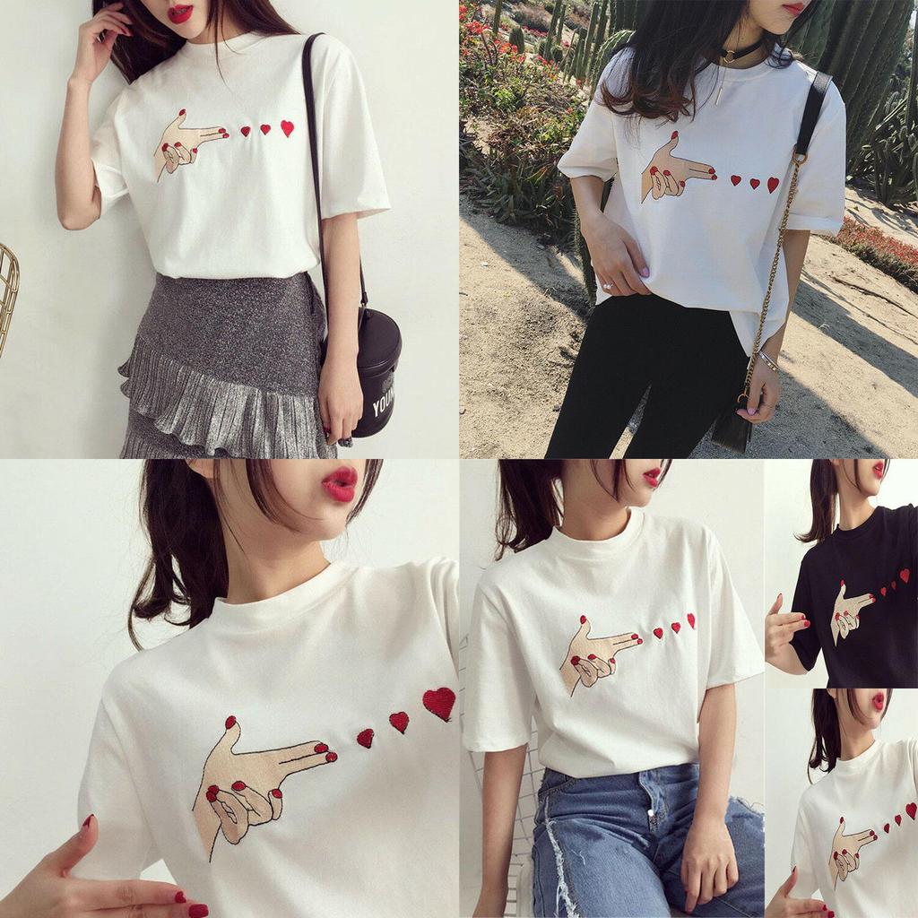 Fashion Women Girl Korean Summer Heart Print Casual T-shirt With Short Sleeves