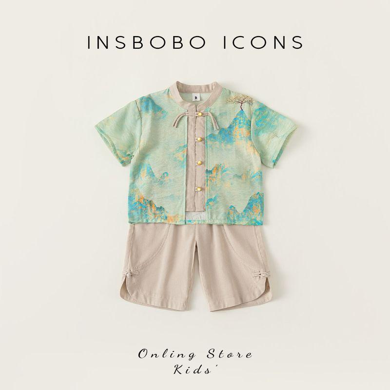 Insbobo Boys  Tang Suit Fresh National Style Children s Summer Outfit 2026 New Fashion New Chinese Style Boys  Two-Piece Set Green 100