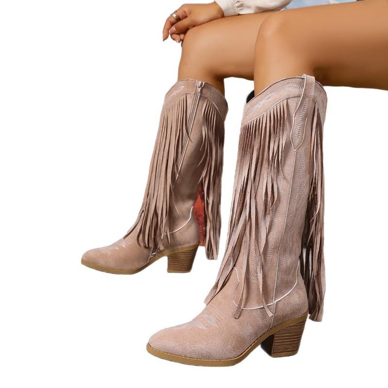 Embroidered Big Yard Pointed Toe High Heel Tassel Boots Women's 2025 Winter New Ethnic Style Thick-heeled Knight Boots