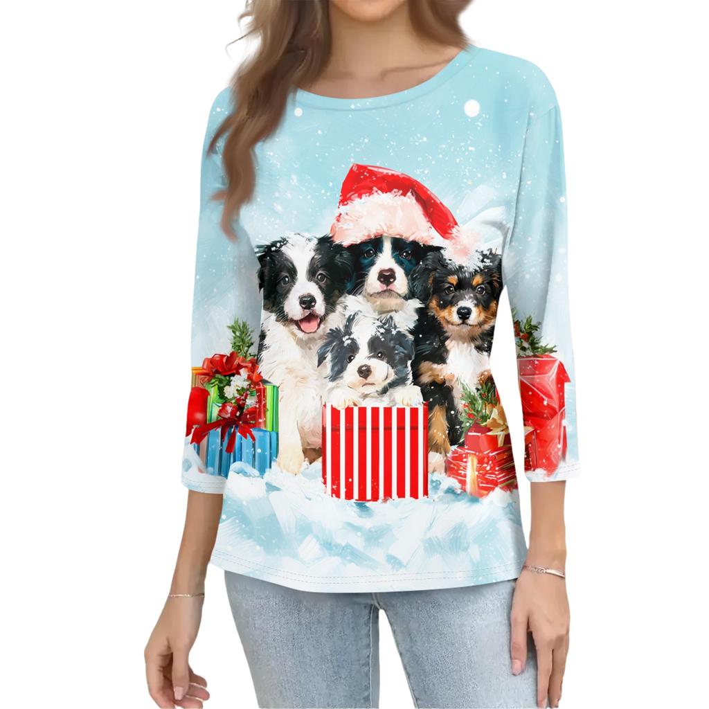 Damen Lässiges Weihnachts-Print-Oberteil mit Dreiviertelärm