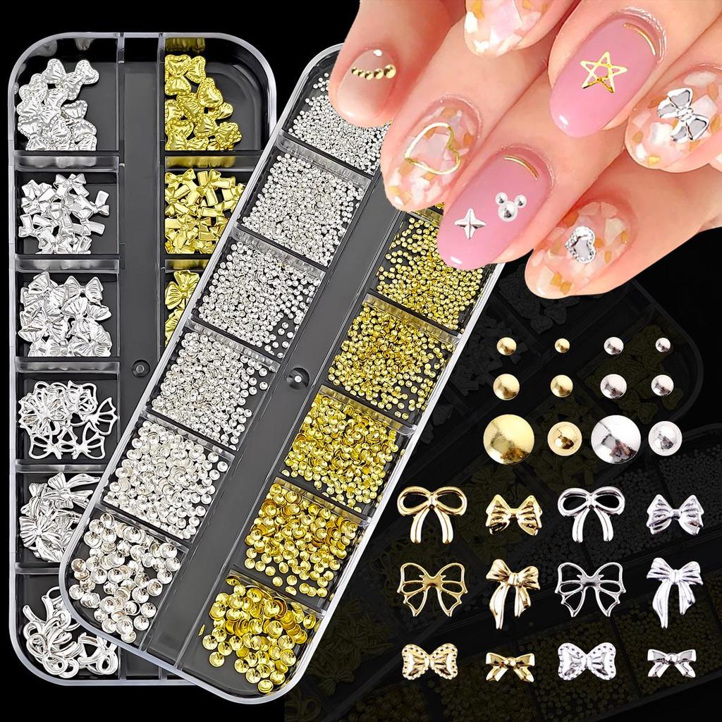 Decorazioni per Unghie Oro e Argento: Fiocco, Stella, Farfalla, Borchie, Perline e Strisce