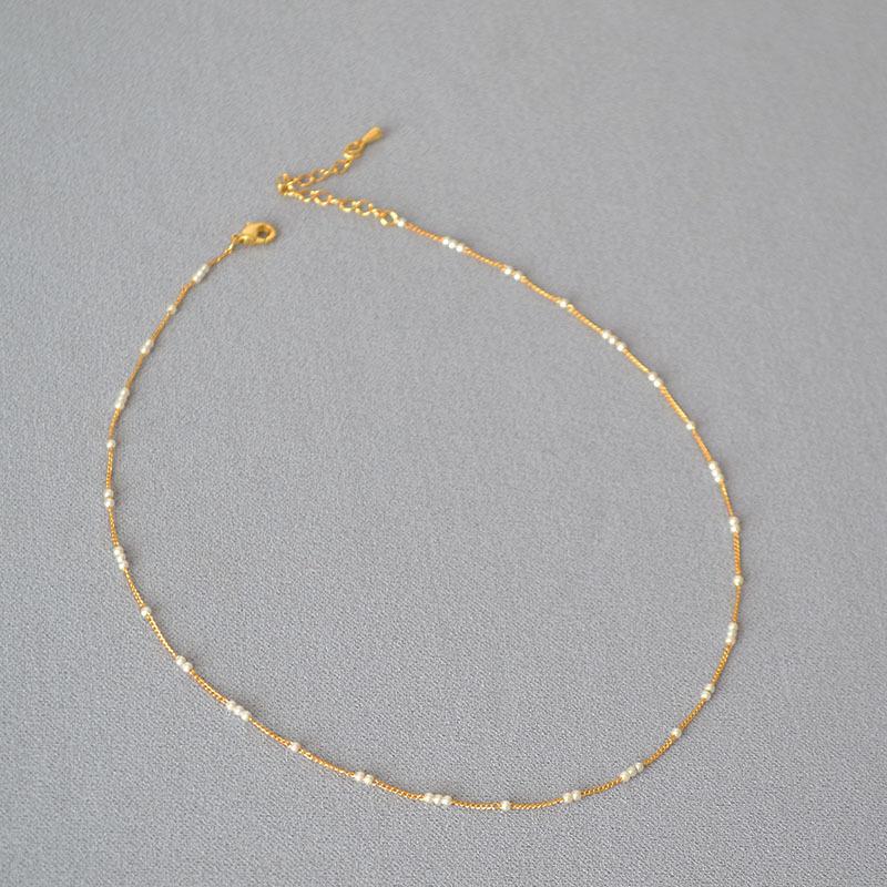 French niche design simple mini baby small pearl spaced brass gold-plated elegant extremely fine necklace collarbone chain