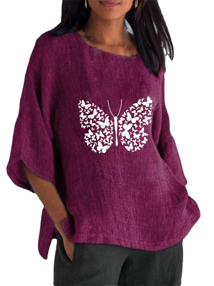 

Женская мода Топ с рукавом 3/4 Весна&лето Круглый вырез Принтованная футболка Женский пуловер Хлопково-льняная блузка 5XL фиолетовый