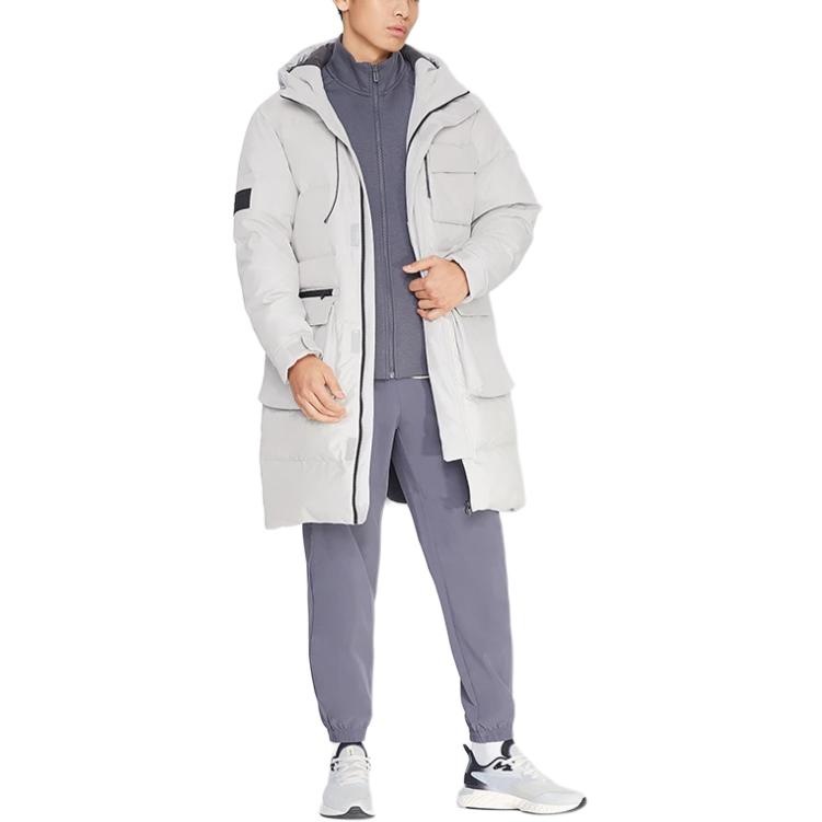 Li-Ning Training Series Loose Warm Letter Hooded Mid-Length Down Jacket Men Outerwear Gray AYMR023-3