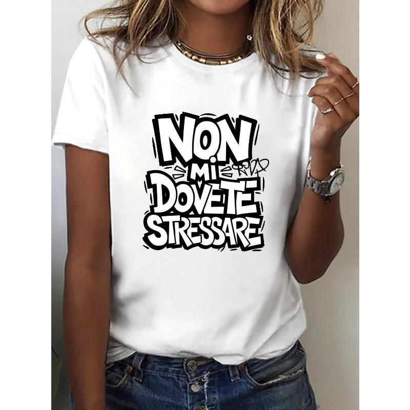 

Casual Short-Sleeve Crew Neck T-Shirt with Italian Graffiti Design, Perfect for Spring And Summer, Women S Apparel S белый