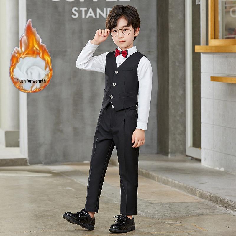 Boy's Formal Ensemble: Fleece White Shirt, Black Suit Pants, Vest, Page Boy Overalls, Performance Costume