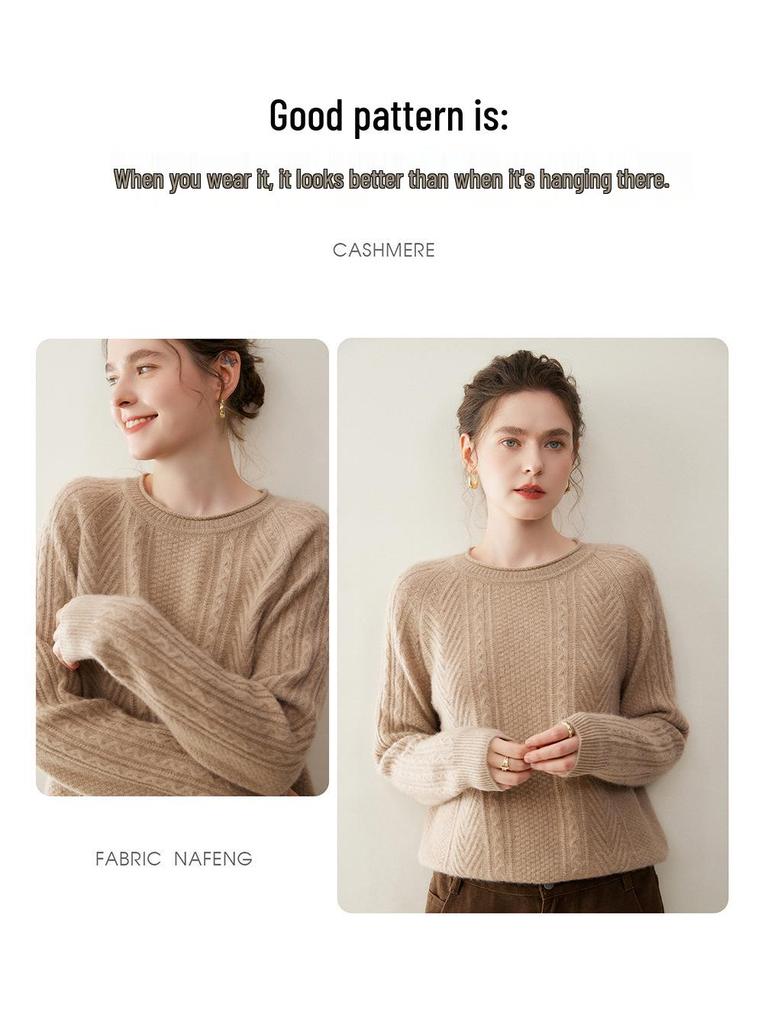 Women's Cashmere Raglan Cable Knit Sweater - 7-Gauge Double-Strand, Round Neck, Rolled Edge, Extra-Thick, Long-Sleeve Pullover.