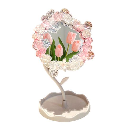 DIY Handmade Flower Desk Mirror with Storage Tray Rotatable Desktop Vanity Mirror Multi-purpose Women Makeup Table Mirror Jewelry Organizer