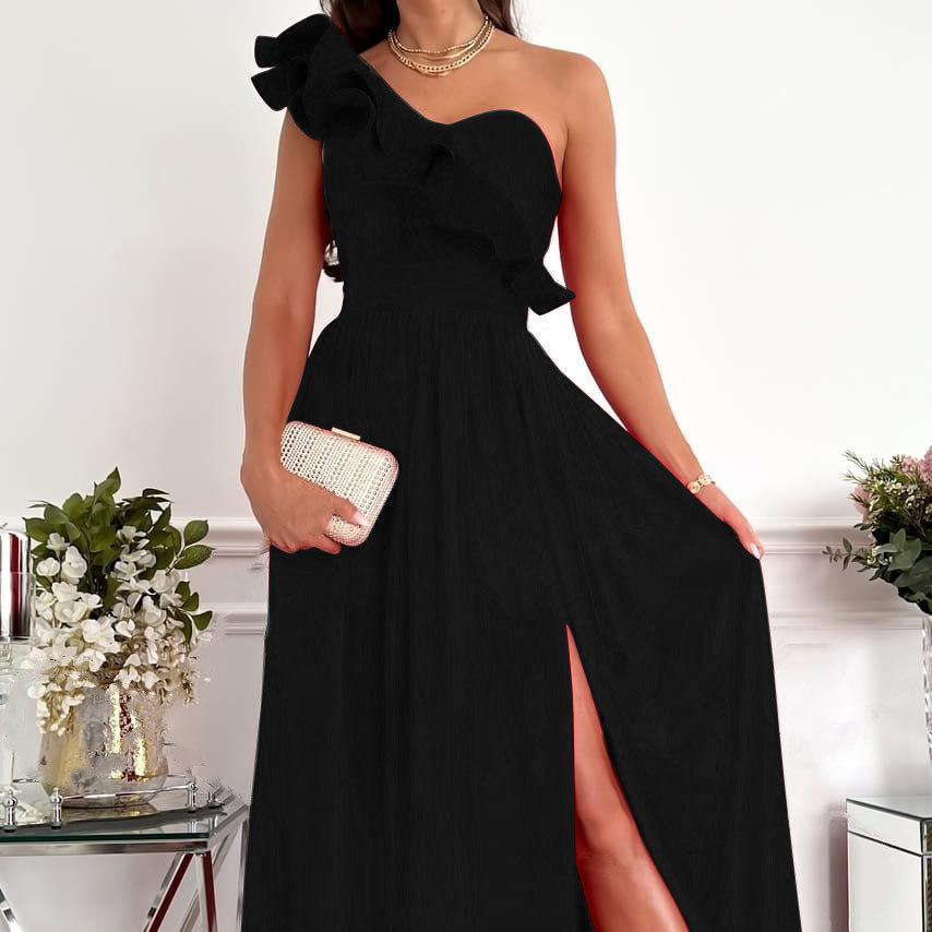 Summer Asymmetrical One-Shoulder Ruffle Split Hem Dress Sleeveless Irregular Hem Formal Gown Off-the-shoulder Ruffled Hem Split Dress