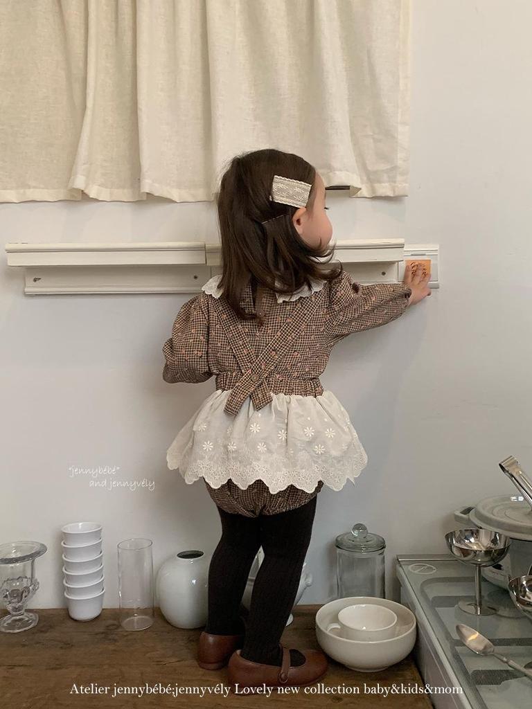 Jenny Kids 2025 Autumn Baby Girl 2-Piece Set: Korean Style Lace Peter Pan Collar Shirt with Overall Skirt