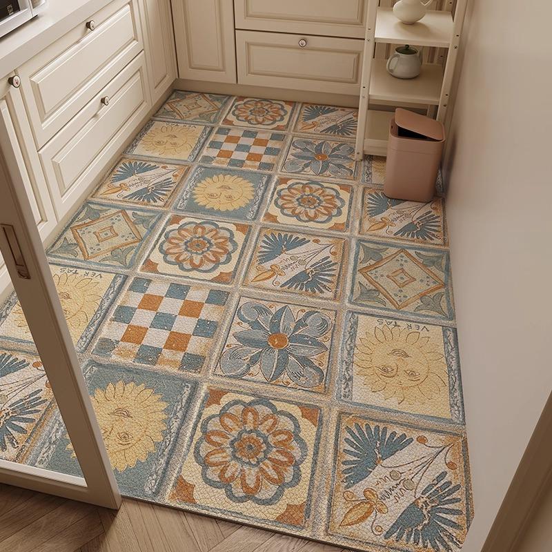 Retro Plaid Kitchen Floor Mat Oil-proof Waterproof PVC Leather Carpet Fashionable Home Decoration Free-cut Balcony Rugs Alfombra