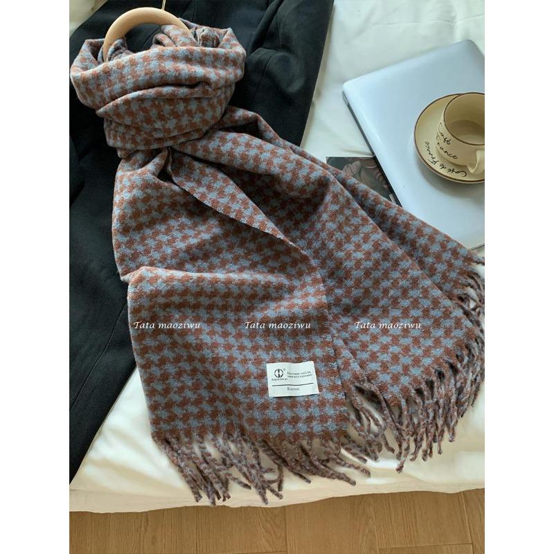 Retro plaid contrasting scarf women's winter warmth couple knitted scarf fringed shawl dual-purpose tide