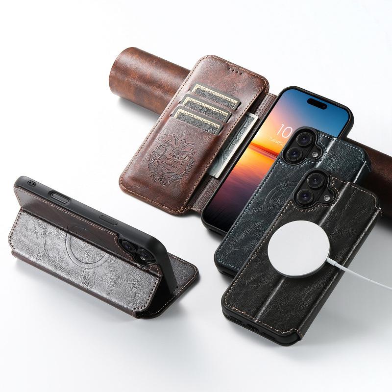 For iPhone 12 13 14 15 16 17 Pro Max Plus Phone Case Flip Card MagSafe Magnetic Wireless Charging Stand Oil Wax Leather Cover