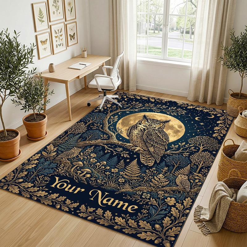 Night Owl Art Theme Soft Crystal Velvet Rug Custom Name & Text Print Non Slip Floor Rug for Bedroom Living Room