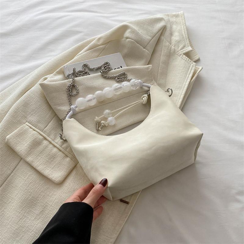 

Elegant Black Pearl Embroidered Pu Handheld Bag Stylish Casual Shoulder Purse For Women білий