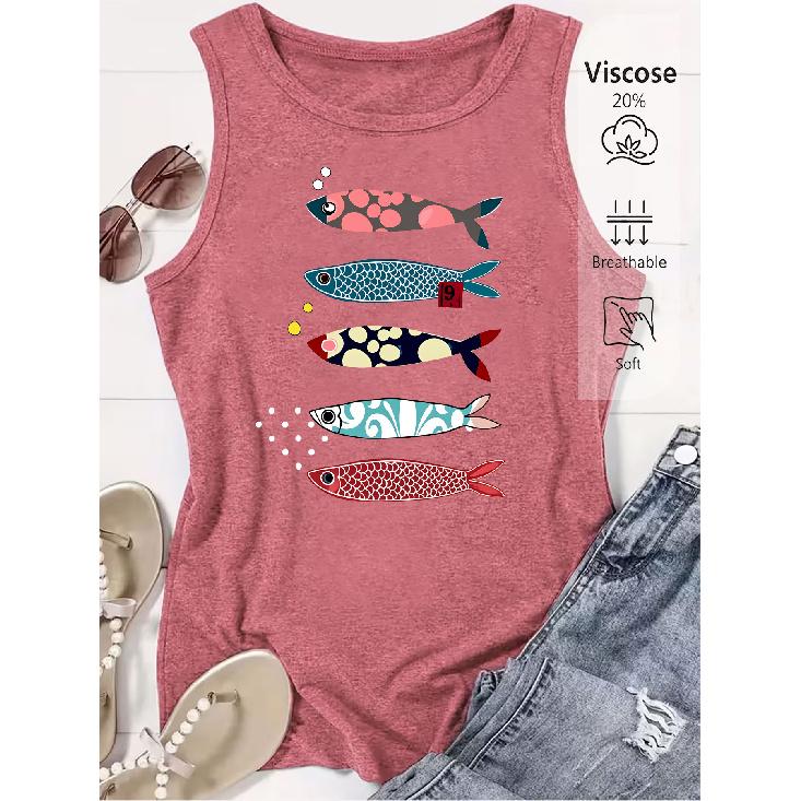 2026 Trendy Colorful Vintage Fish Print Women Sleeveless Tank Top High Quality Casual Spring Summer Vest S кирпич красный