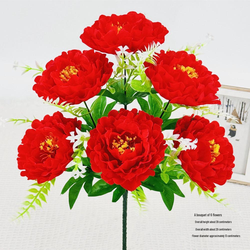 Curly Edge Red Rose Bouquet - 6 Head Artificial Silk Flowers for Living Room Decoration