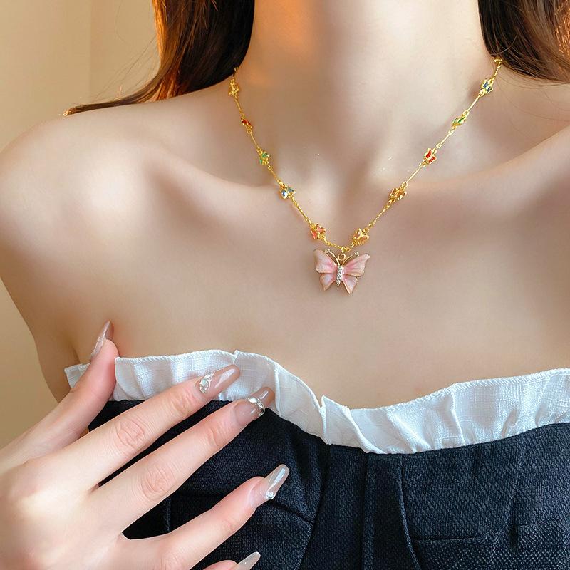 Electroplated zircon serpentine flower butterfly safety lock pearl necklace medieval collarbone chain new Chinese necklace women