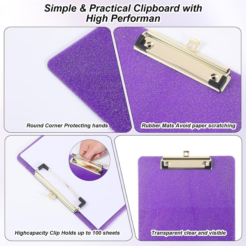 Purple Clipboard for Office Glitter Clipboard Purple Glitter Plastic Clipboards with Clip for Office Supplies, Women 12.6 X 8.86 Inch