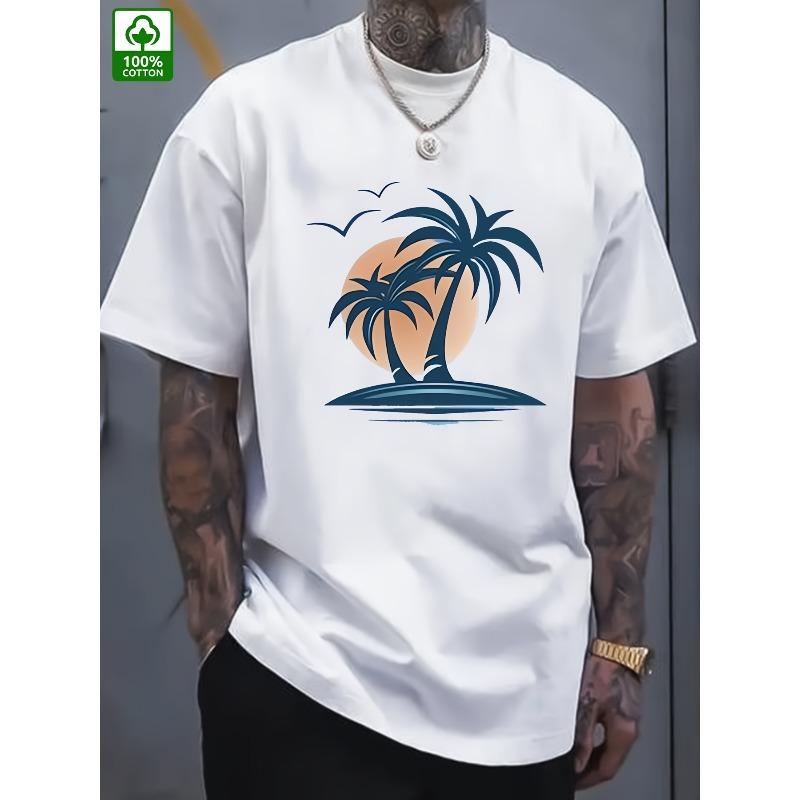European Sizes  Men's Summer Casual T-Shirt with Vibrant Coconut Tree Print, Short Sleeve Round Neck Tee for Outdoor and Casual Attire