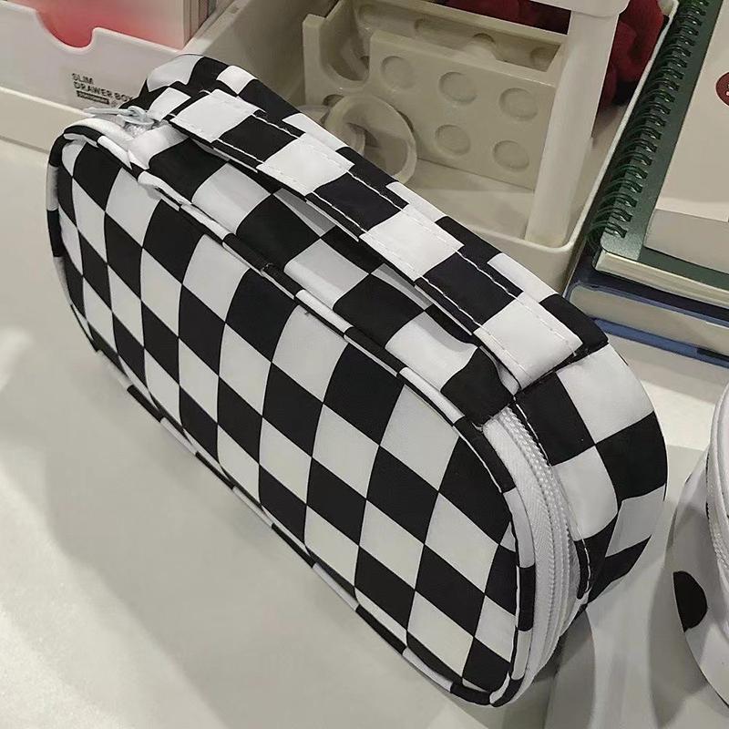 Capacity And Simple Large Black White Plaid Pencil Case Portable Canvas Material Pencil Bag School Office Supplies Stationery