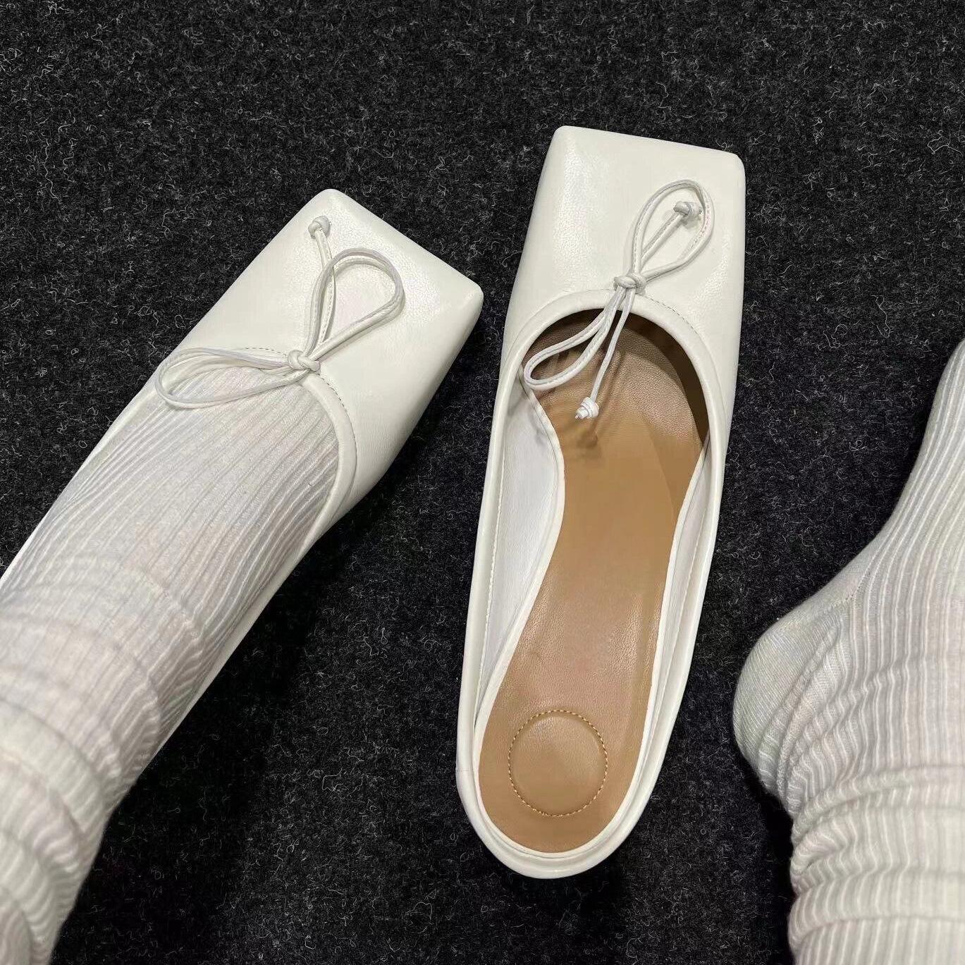 

Leather niche design bow square head flat bottom bag head half slippers women s outer wear spring and summer new sandals single shoes 40 білий