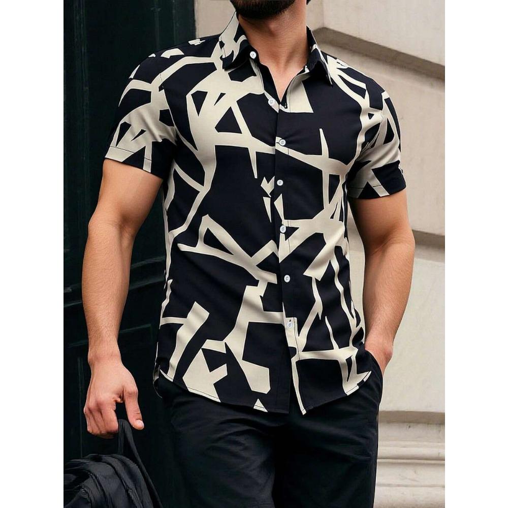 Spring Summer Men Spell Color Short Sleeve Shirt Men Casual 3D Digital Print Simple Style Shirt Tops 100% Polyester