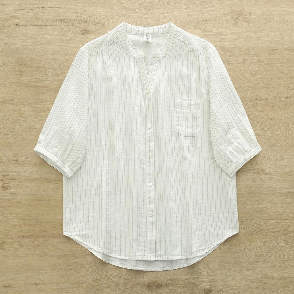 Reine Baumwolle V-Ausschnitt Kariert Damen Kurzarm Doppellagiges Mullhemd