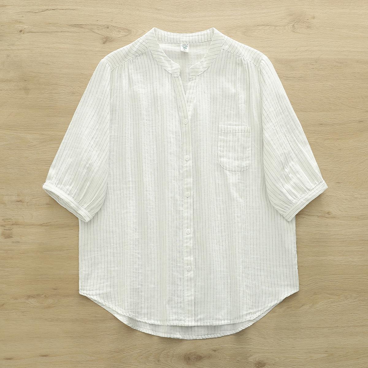 Pure Cotton V-neck Plaid Women s Short-Sleeved Double-Layer Gauze Shirt L
