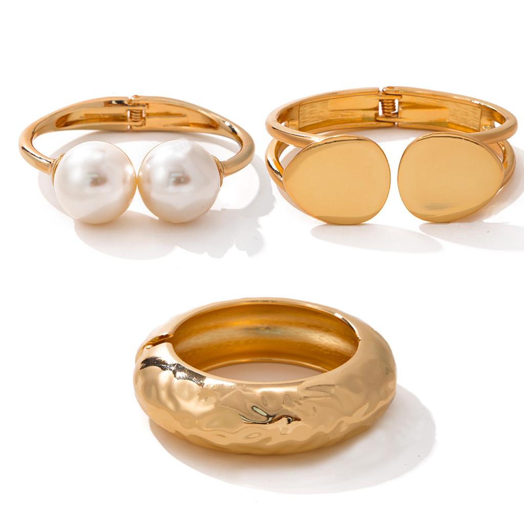 Ingemark 4 Styles Creative Trendy Imitation Pearls Chunky Spring Bangle Women Hip Hop Heavy Metal Open Wide Cuff Bangle Jewelry