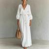 Spring Loose and Thin Waist Dress Literary and Artistic Fan Elegant Solid Color Heavy Industry Lace V-neck Long Dress Loose Type