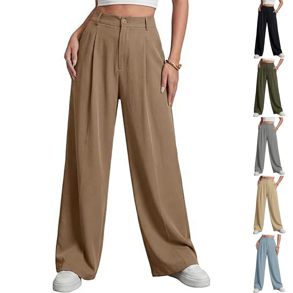 Women Loose Fit Casual Suit Pants High Waist Long Trousers Wide Leg Relaxed Style with Button and Zipper Closure for Daily Wear