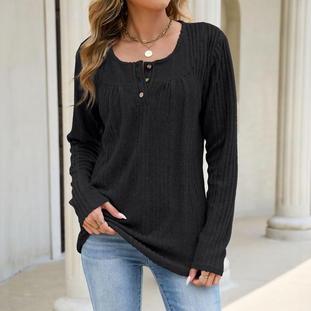 Women Long Sleeve Pullover Top Ribbed Knit Casual Loose Fit Henley Shirt with Button Detail Lightweight Soft Fabric Comfortable