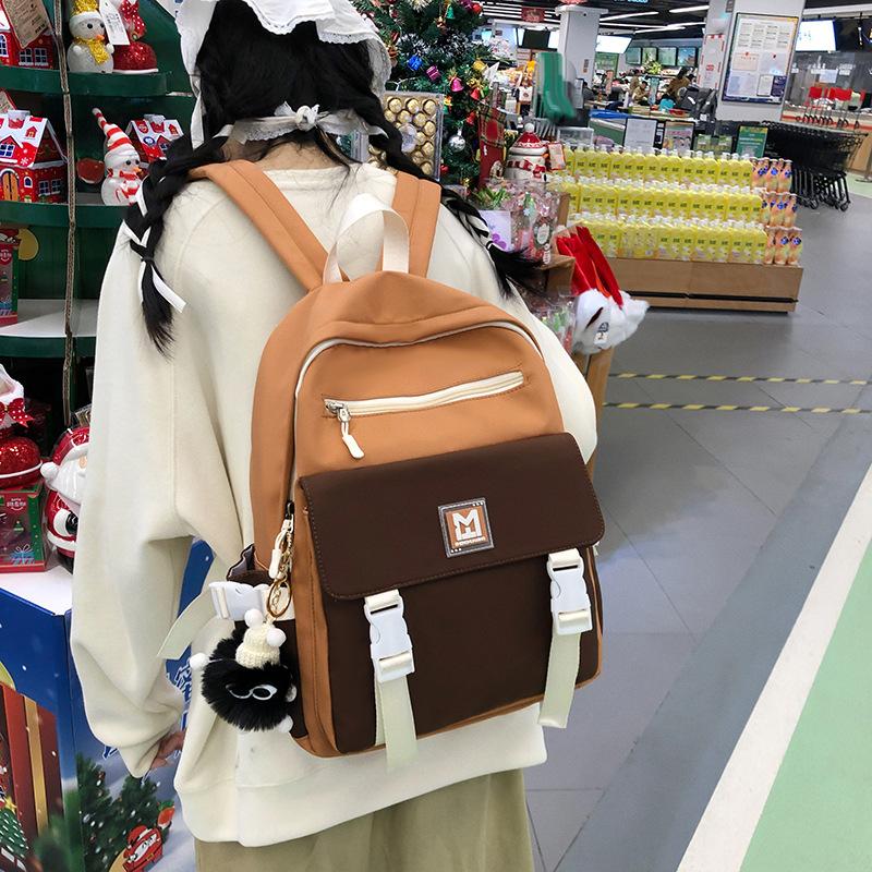 Student Block Color Schoolbag Women's College Style Backpack Large Capacity Backpack