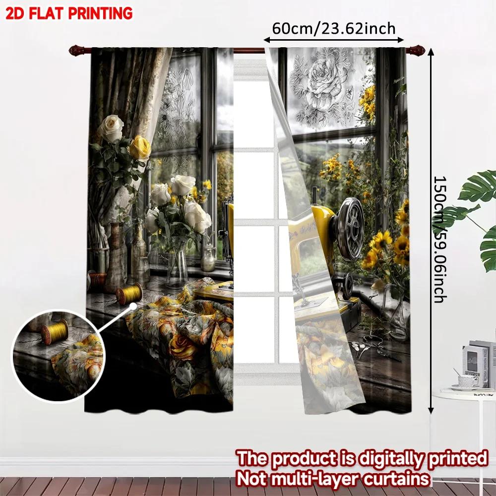 Set Of 2 Vintage Sewing Machine Curtains Yellow Antique Floral Tablecloth Retro Bedroom Decor Curtain Polyester Perfect For