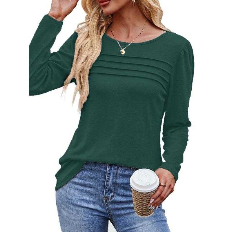 Women's Spring and Autumn Solid Color Loose Round Neck Pleated Long Sleeve Top