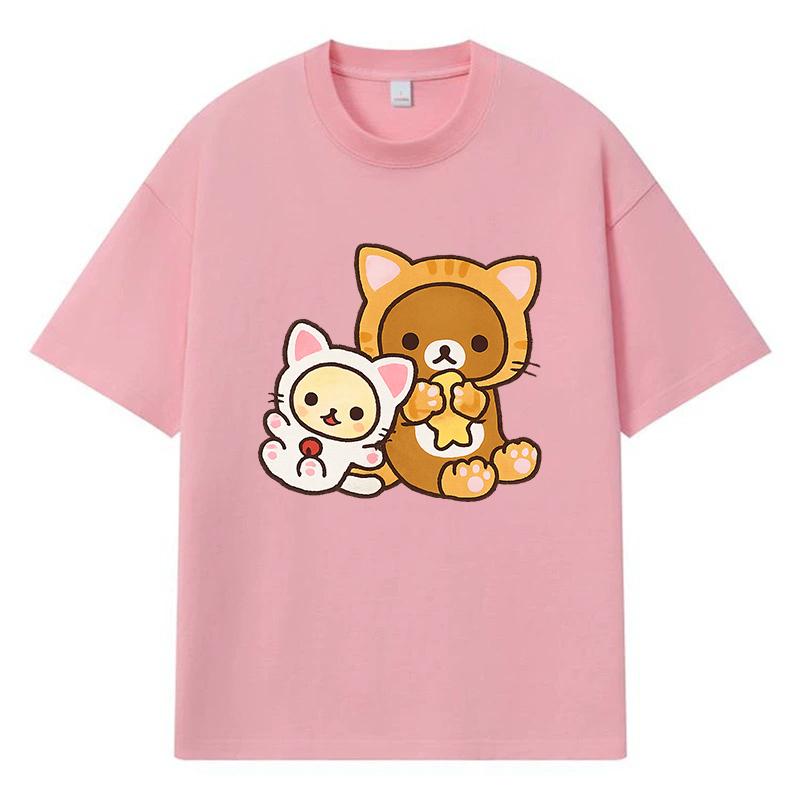 2026 Cat And Bear Printed Graphic Y2k Harajuku Streetwear 100% Cotton T Shirt Casual Oversized Summer Men T-shirt
