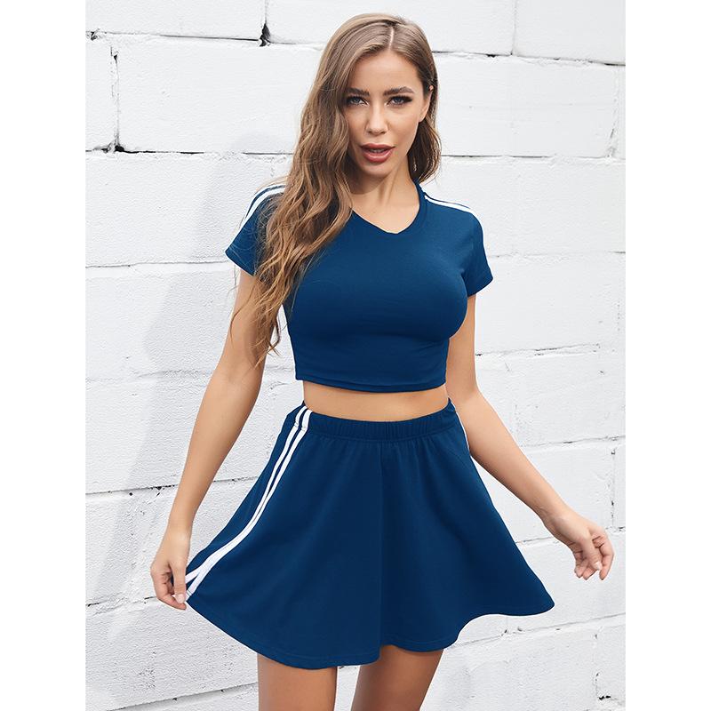 Women Summer Leisure Sports Suit Solid Color Short T-Shirt A-Line Skirt Suit
