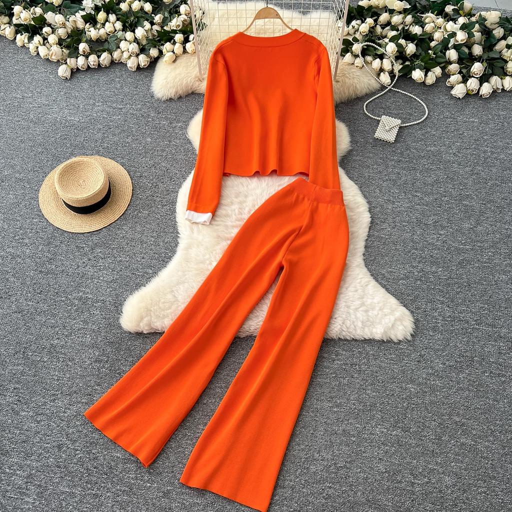 Winter Strickwaren Damen Anzüge Langarm Diamantknöpfe Oberteile+Freizeithosen mit weitem Bein Locker Warme Pullover-Sets