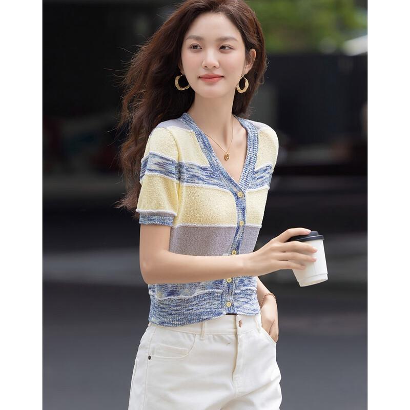 Demana Damen Sommer Petite V-Ausschnitt Color-Block Strick-Cardigan