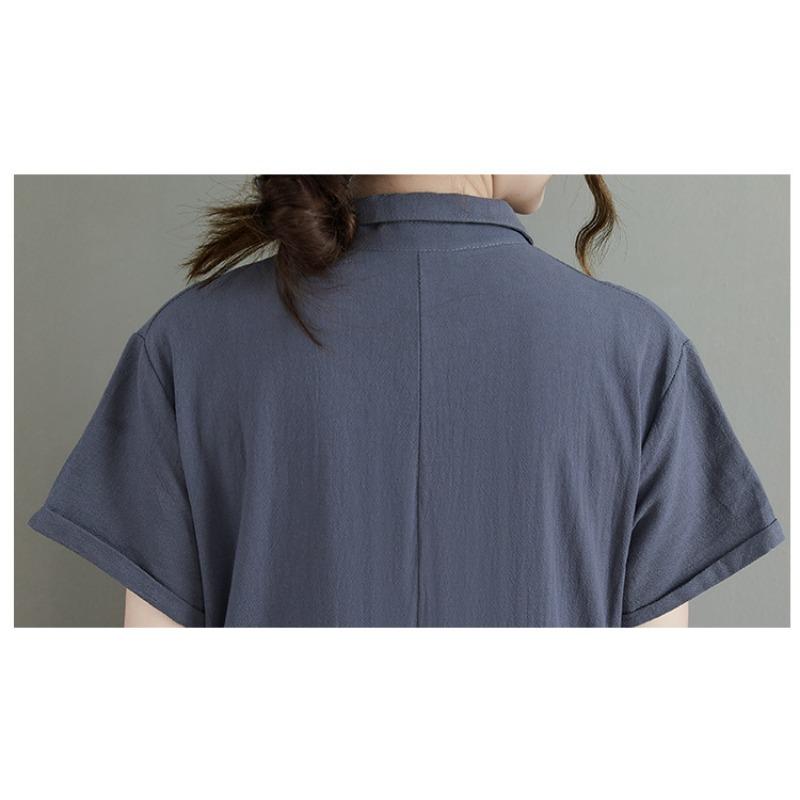 Summer Solid Color Cotton Linen Lapel Short Sleeved Loose Dress for Women Mid To Long Style Casual Dresses