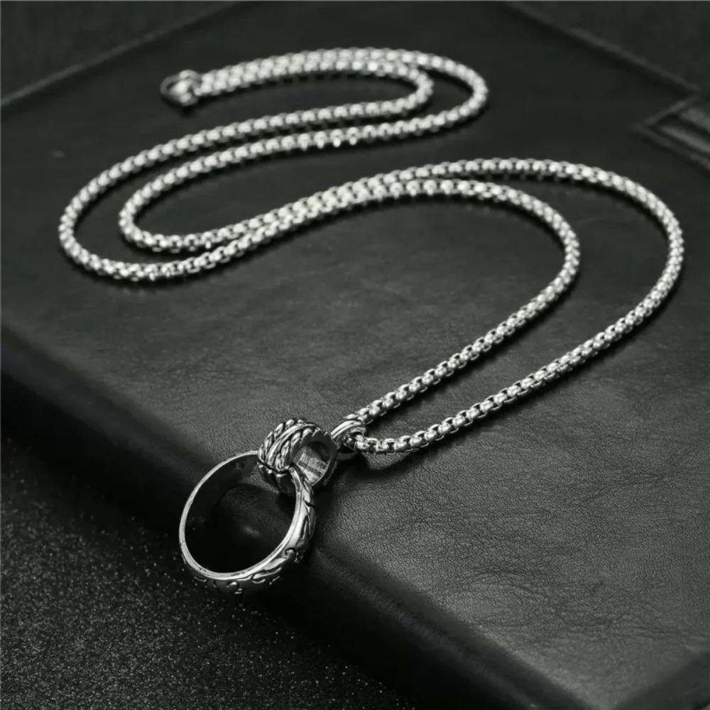 New Carved Double-ring Pendant Stainless Steel Necklace Ring Street Retro Personality Party Necklace Unisex