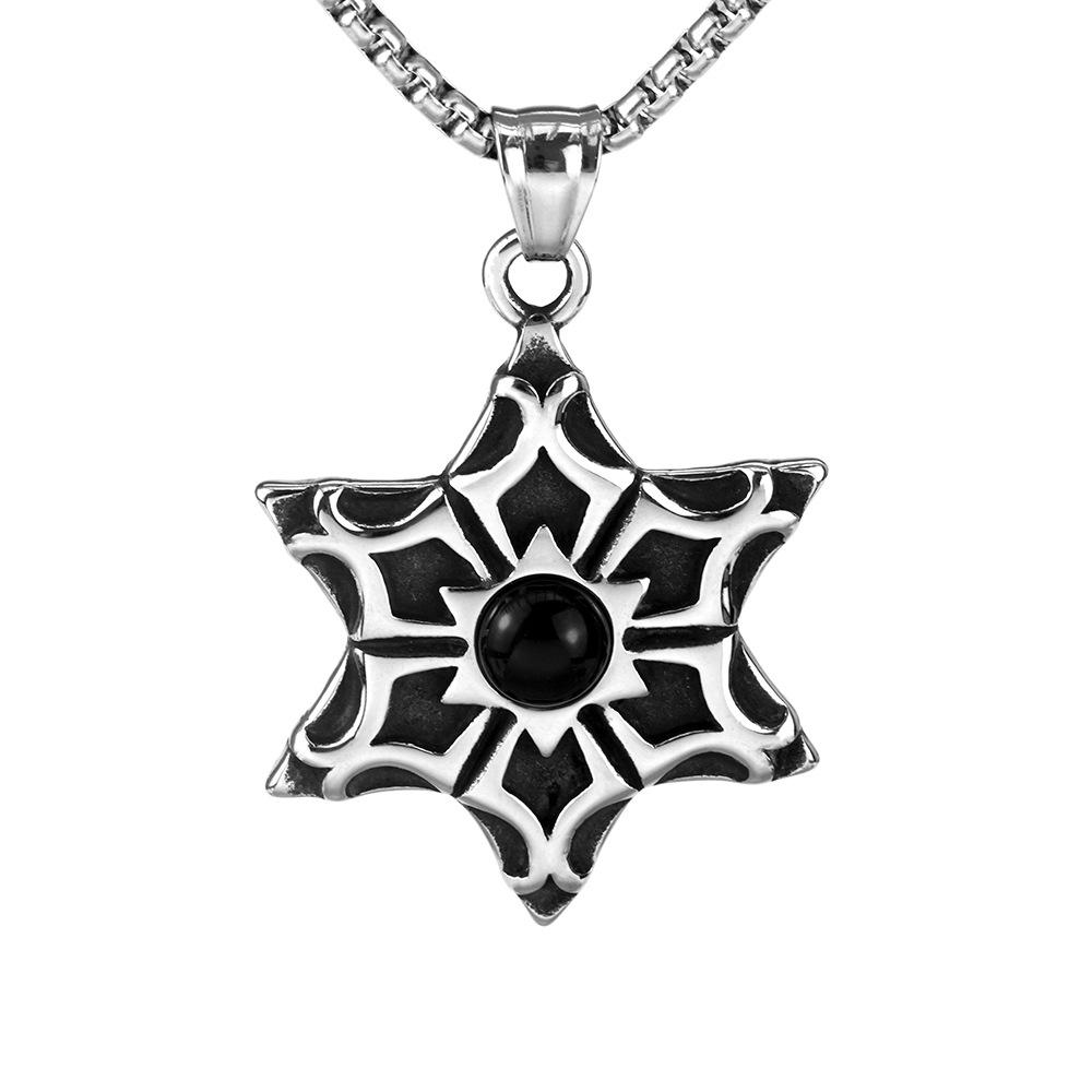 

Vintage Mens Black Gemstone Hexagram Necklace Stainless Steel Pendant Durable Stylish Gift