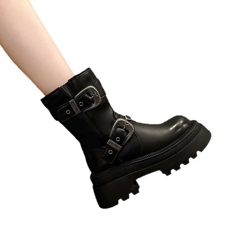 Martin Boots Women's Autumn and Winter Velvet Retro Western Boots Belt Buckle British Style Medium Tube Locomotive Short Boots Leather Shoes Black