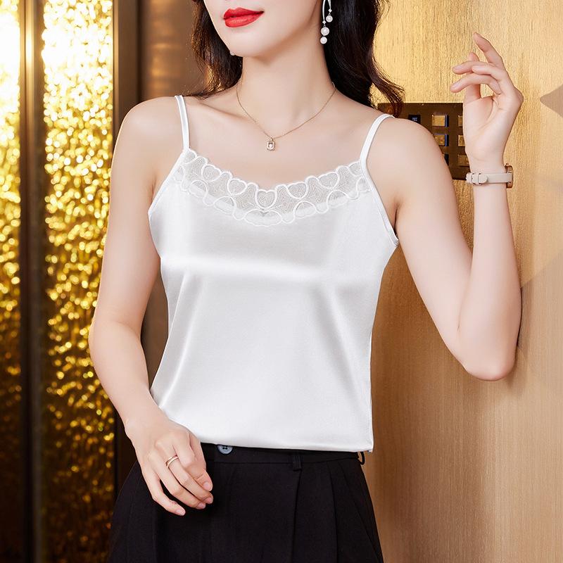 

Кружевной маленький жилет на подтяжках для женщин, новый весенний стиль для внутренней и верхней одежды, большой размер, атласная основа, рубашка, топ без рукавов M